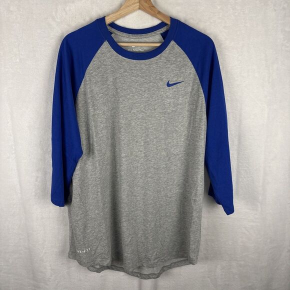 Nike Raglan T-shirt Gray Blue Dri-FIT 3/4 Sleeve Training CJ1617-064 Large NWT - Picture 1 of 7